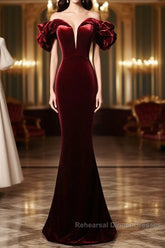 Wine Red Velvet Off Shoulder Mermaid Long Semi Formal Prom Dress, Long Lace-Up Evening Dress